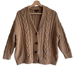 Quince Organic Cotton Cable Knit Cardigan Camel Size XS Oversized Chunky Cozy